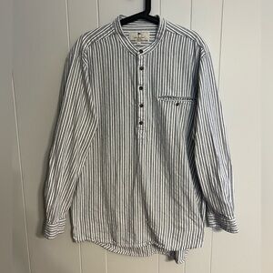 Lee Valley Flannel Grandfather Shirt Blue Ivory Stripe Collarless‎ Size XL